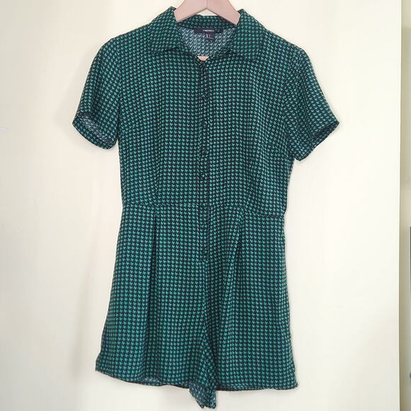 Forever 21 Houndstooth Button Down Shirt Romper Size Small Green Black Academia - Picture 2 of 8